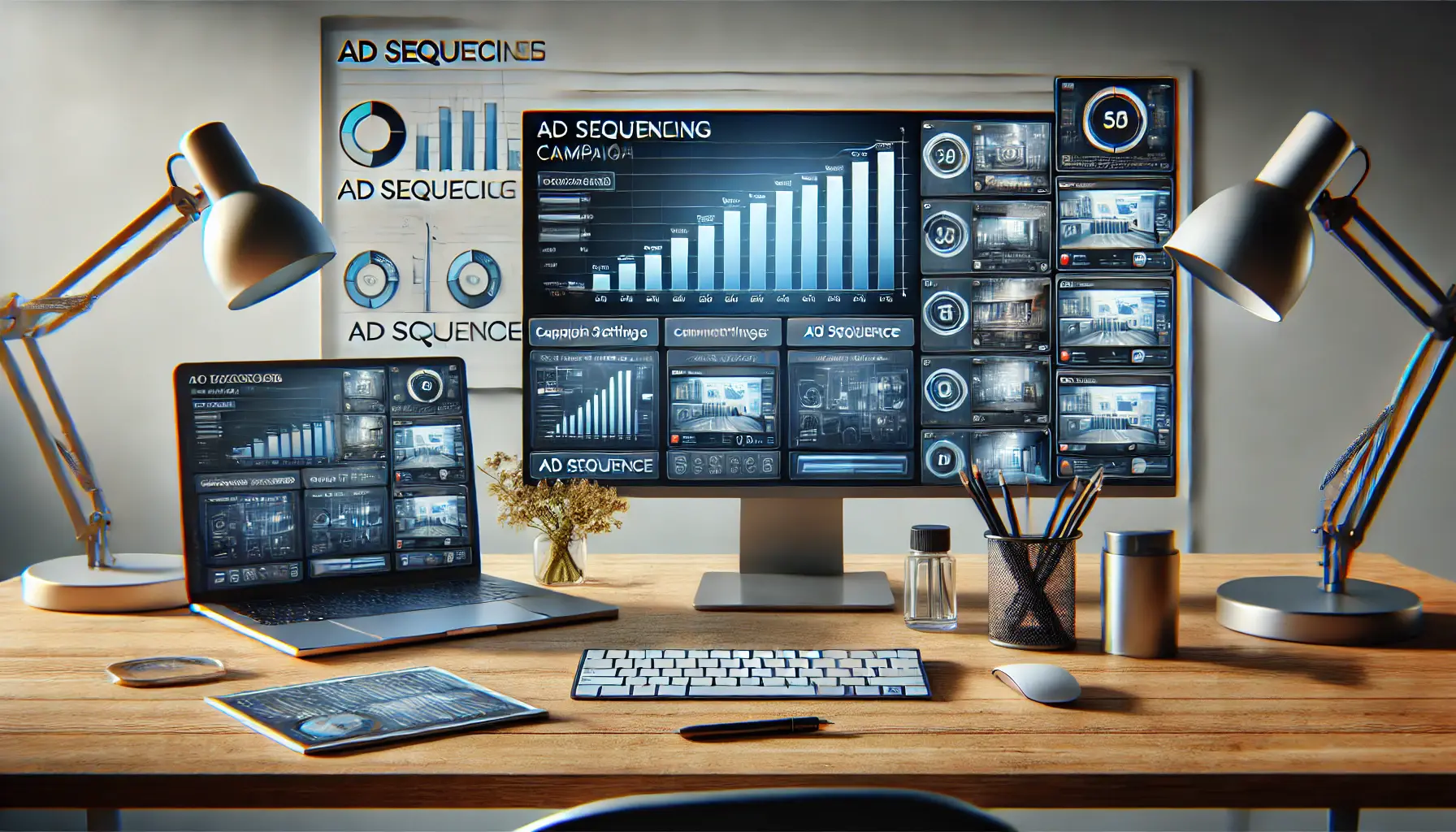 A modern workspace with screens showing ad sequence setup and campaign management tools.