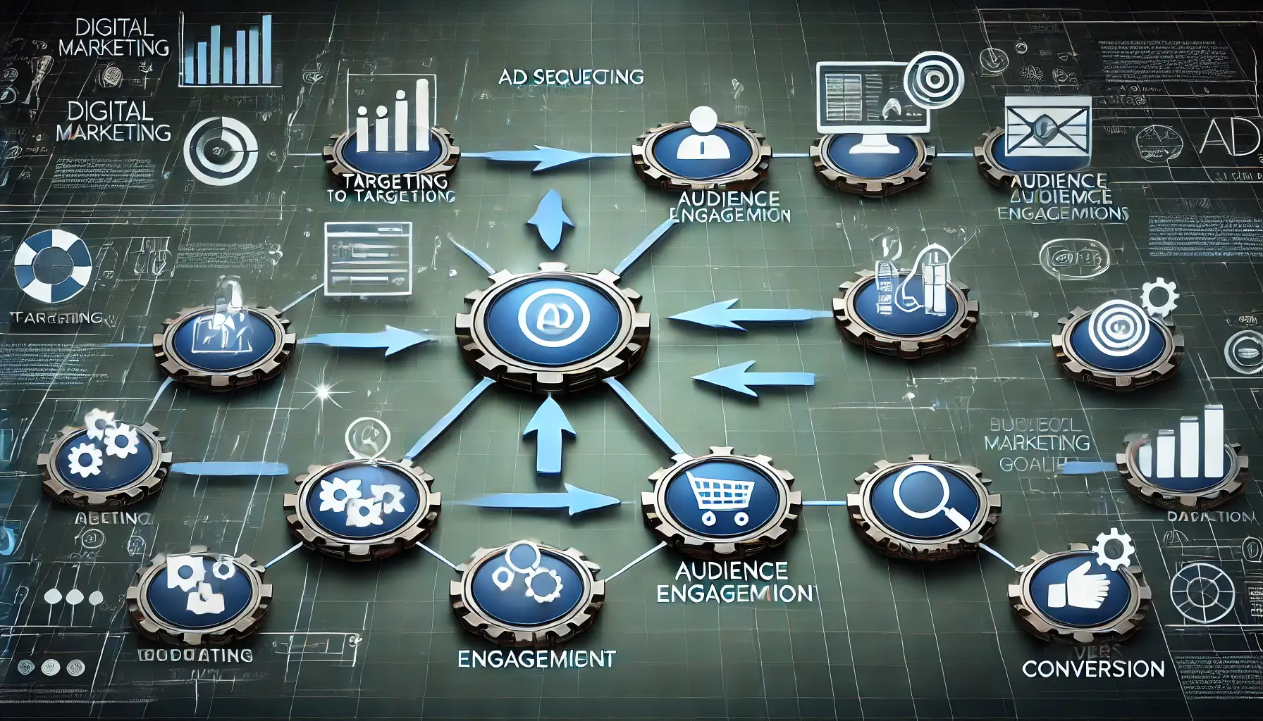 Image illustrating the setup of ad sequencing to align with marketing objectives, with icons for targeting, engagement, and conversion.