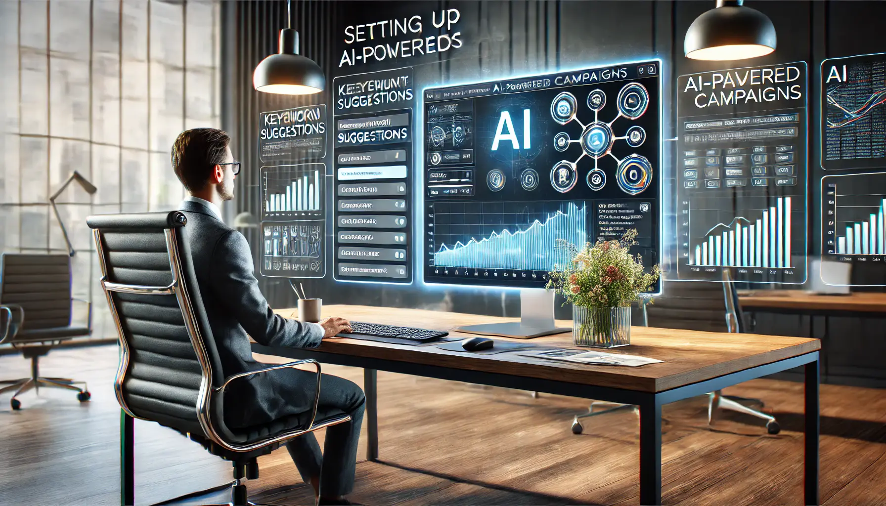 A digital marketer setting up AI-powered campaigns on a sleek AI interface, with visuals showcasing campaign steps and data insights.