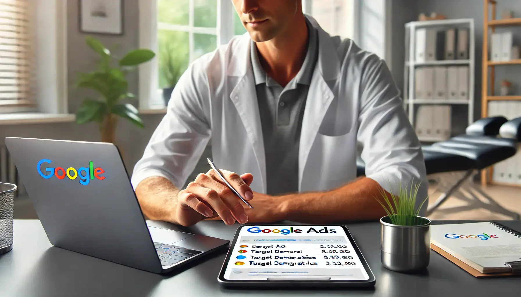 A chiropractor reviewing campaign settings on a laptop or tablet in a modern clinic.