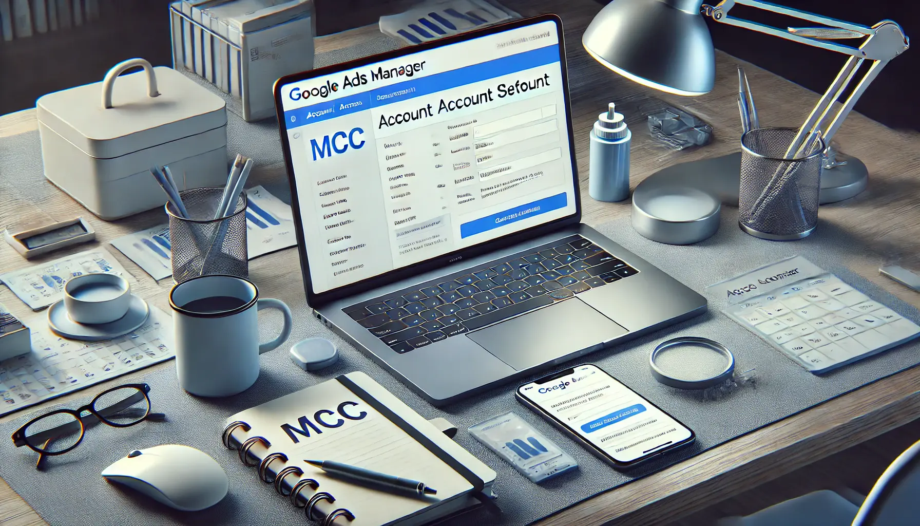 A professional setting with a laptop showing the Google Ads Manager setup page, surrounded by office essentials.