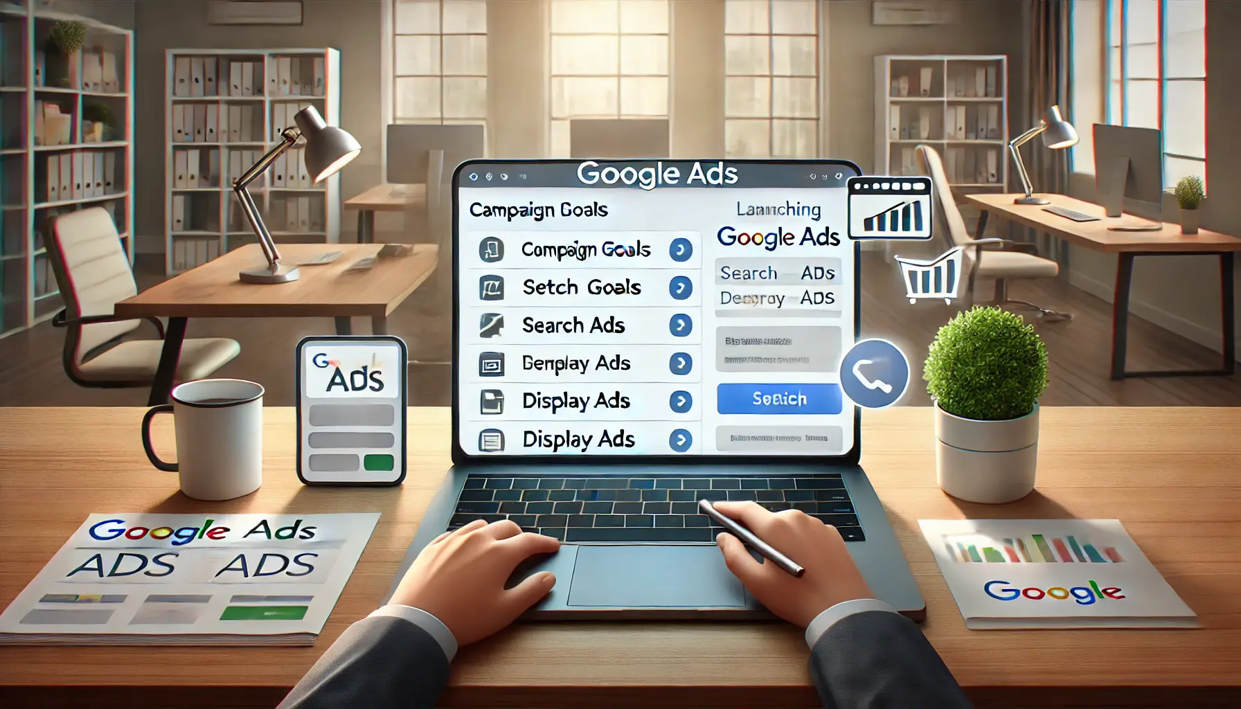 A digital workspace with a laptop displaying the Google Ads campaign setup page, where the user is selecting campaign goals, setting budgets, and choosing targeting options.