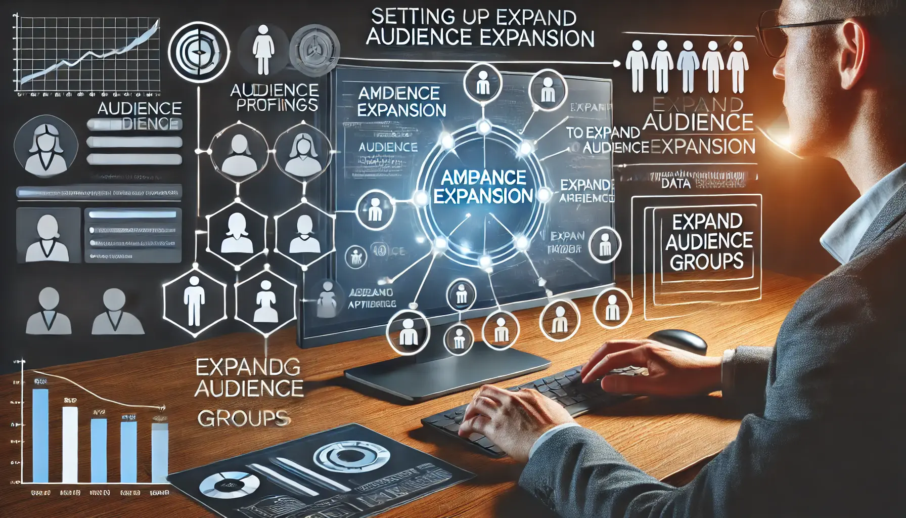 An image showing a digital marketer configuring campaign settings to set up audience expansion, visualizing audience profiles, data flow, and targeting adjustments.