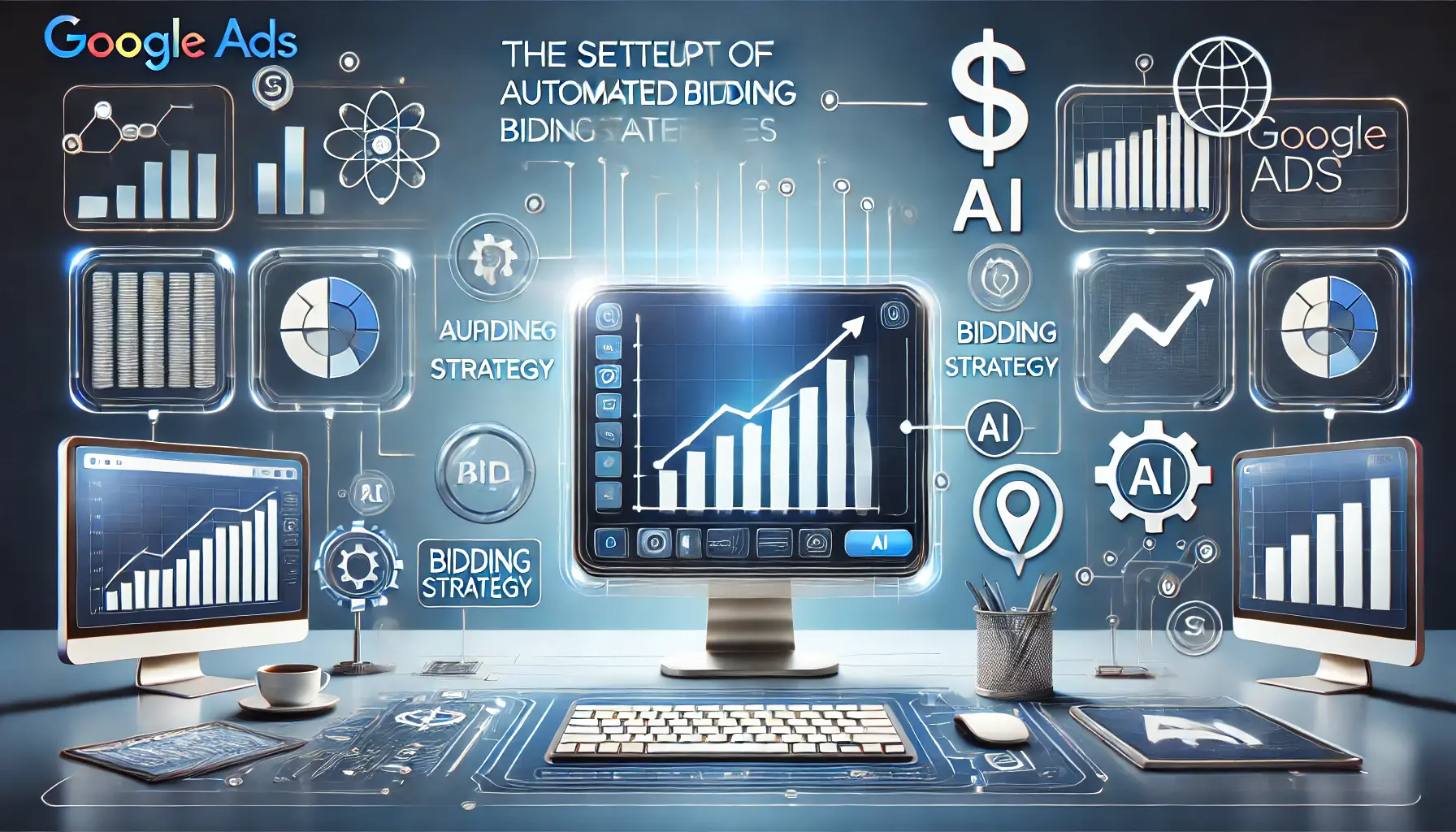 A digital dashboard representing the setup of automated bidding strategies with icons of graphs, dollar signs, and AI optimization tools.