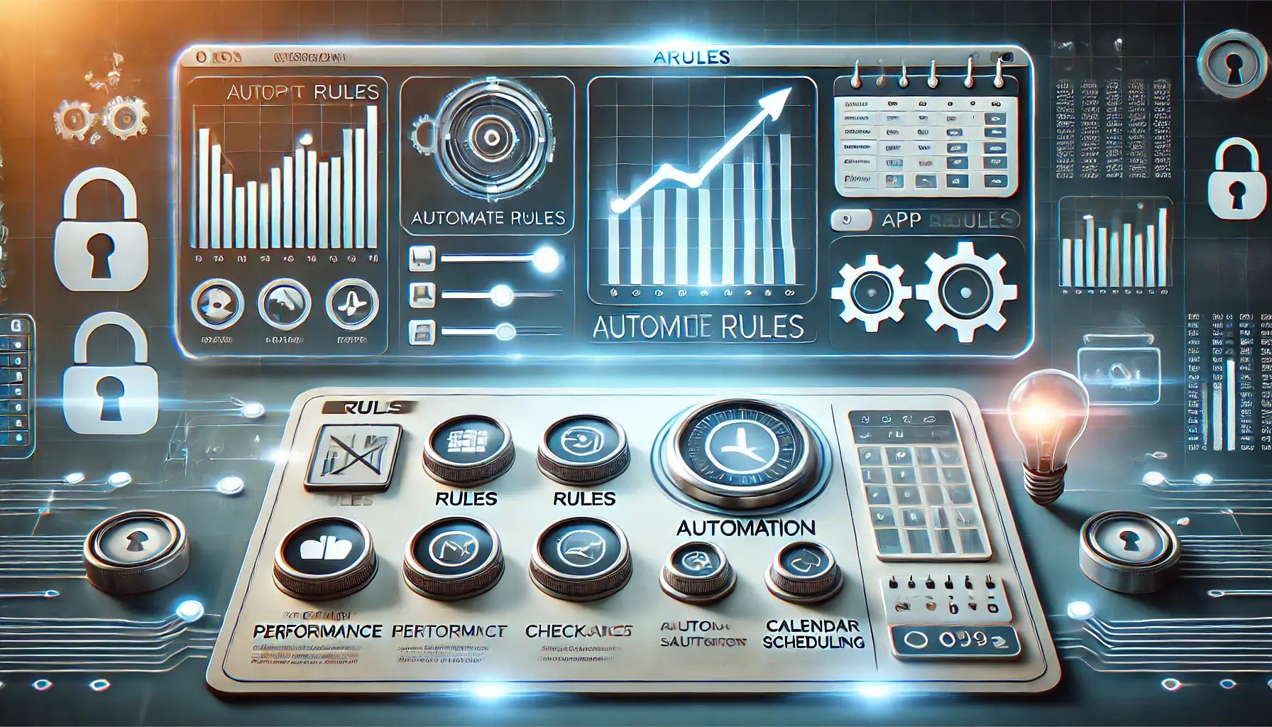 A digital dashboard showing sliders, checkboxes, and calendar scheduling to configure automated rules, with glowing app performance graphs and automation icons.