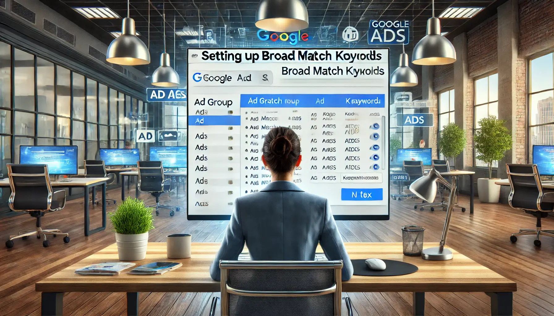 A digital workspace showing a marketer setting up broad match keywords in Google Ads with a computer screen displaying the Google Ads interface.