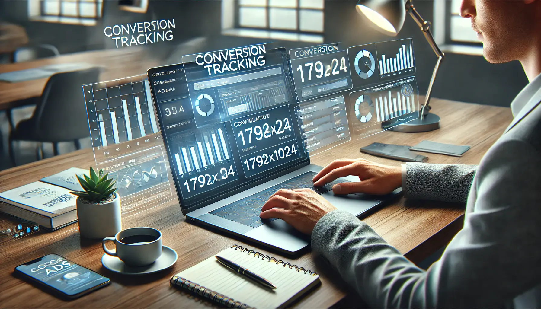 A digital marketer configuring conversion tracking in Google Ads, with graphs and metrics displayed on the screen, and a modern office desk setup including a notebook, pen, and smartphone.