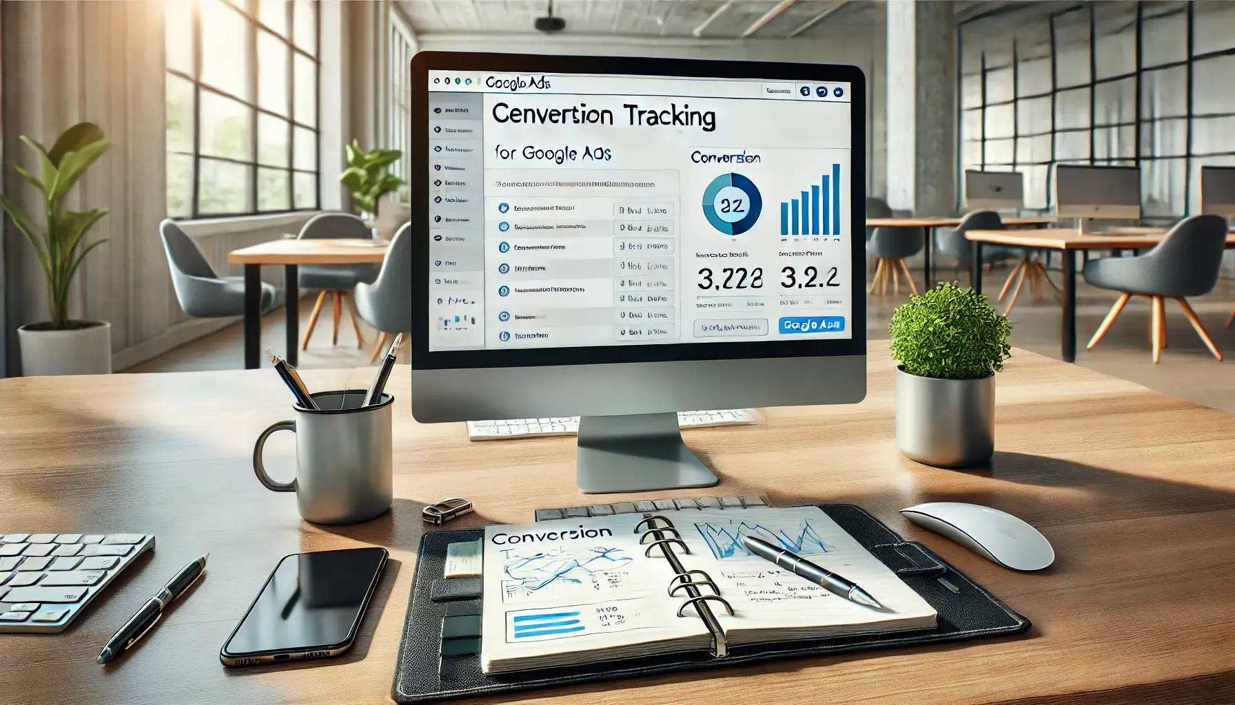A professional workspace with a computer screen displaying the Google Ads conversion tracking setup page. The desk includes a notebook with notes, a pen, a smartphone, and a coffee cup, set in a bright office environment.