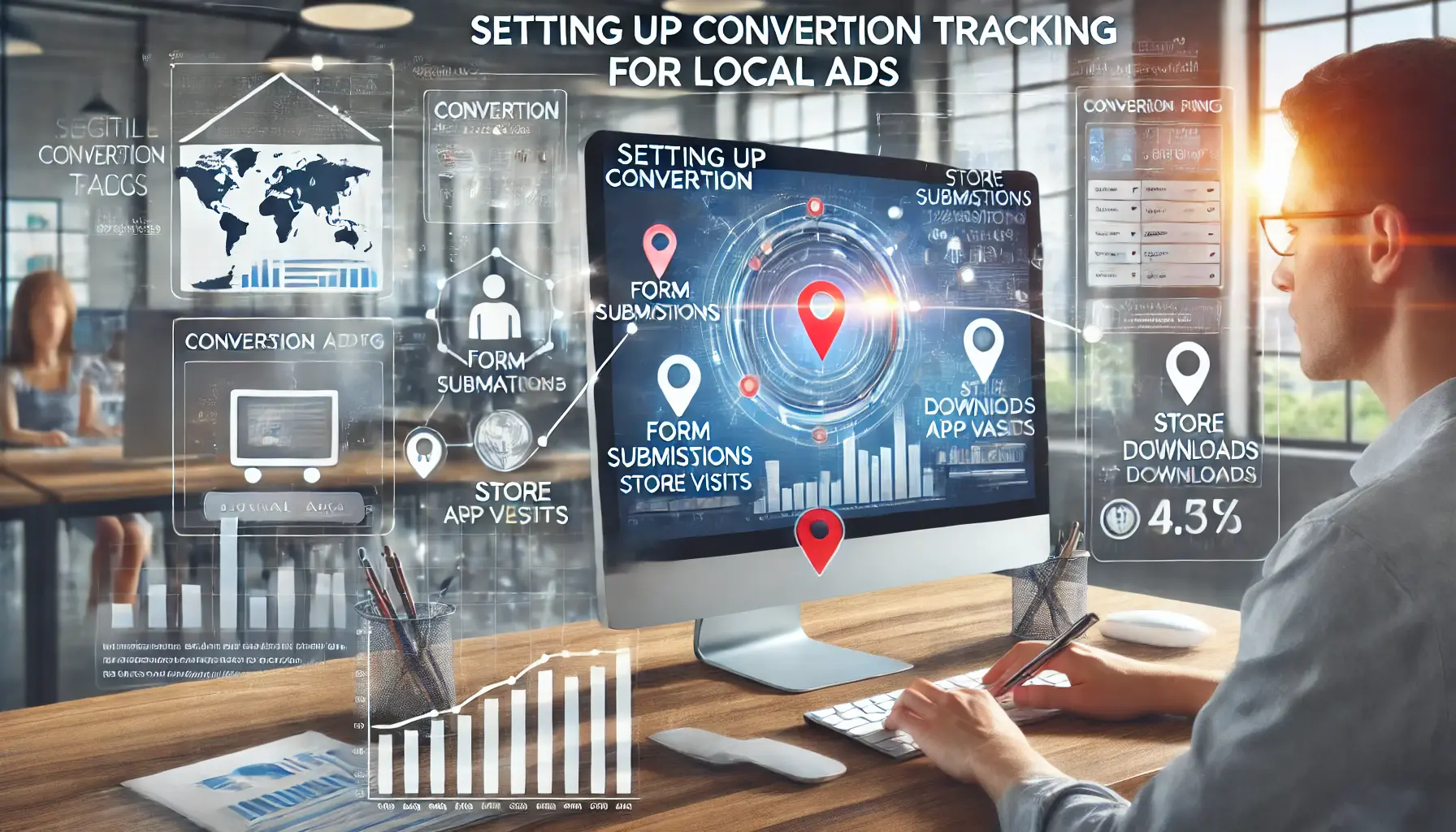 A digital marketer setting up conversion tracking for local ads on a computer screen, showing conversion metrics and a map.