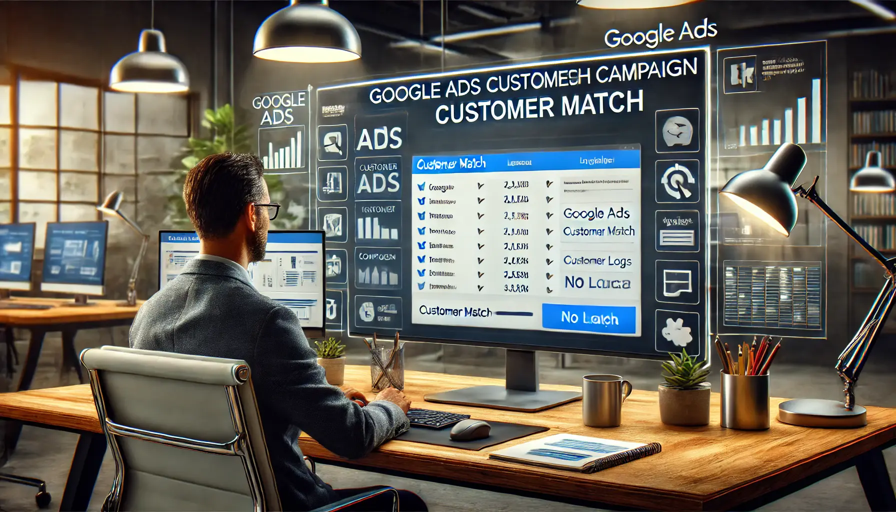 A digital marketer in a professional office setting, configuring a Google Ads Customer Match campaign on a monitor, displaying customer data and campaign tools.