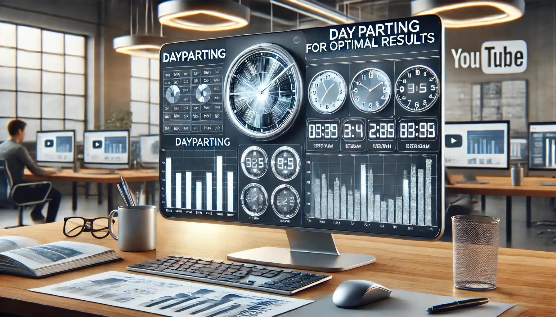 A computer screen showing an advanced ad scheduling tool with highlighted time slots for dayparting in YouTube ad campaigns.