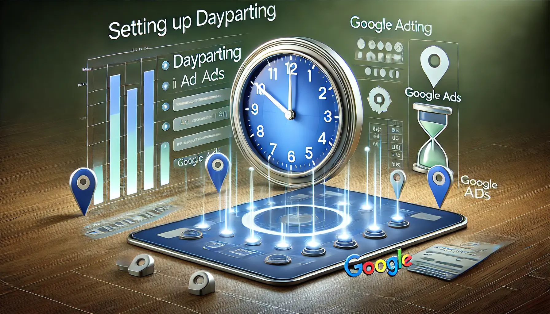 An image showing a digital dashboard with ad scheduling settings, a clock with highlighted time segments, and Google Ads icons representing ad placement and engagement metrics.