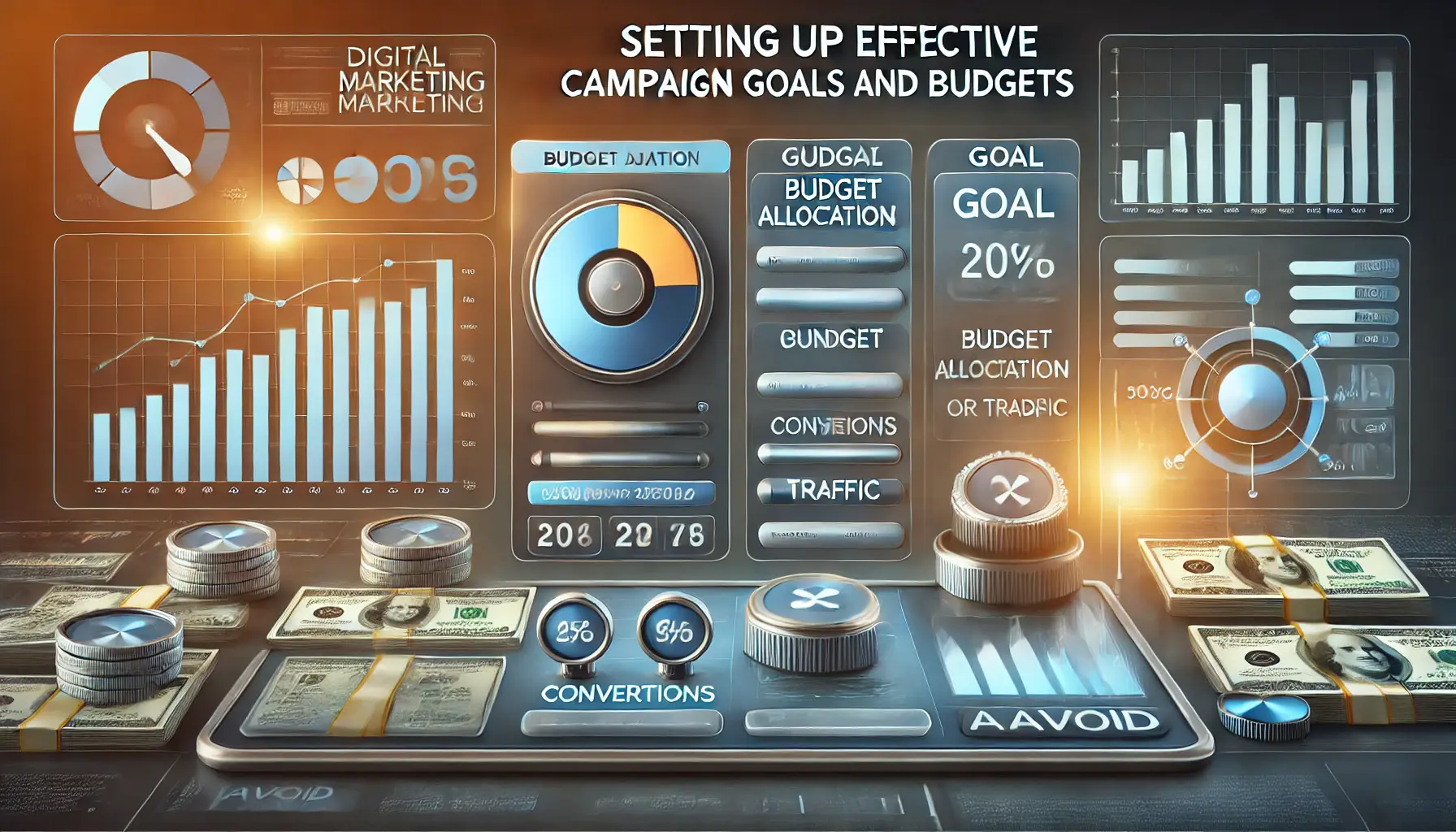 A digital dashboard with campaign settings showing budget sliders, goal selection, and performance tracking graphs.