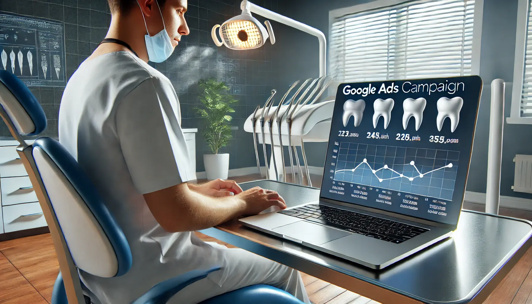 A dentist setting up a Google Ads campaign on a laptop in a modern dental office.