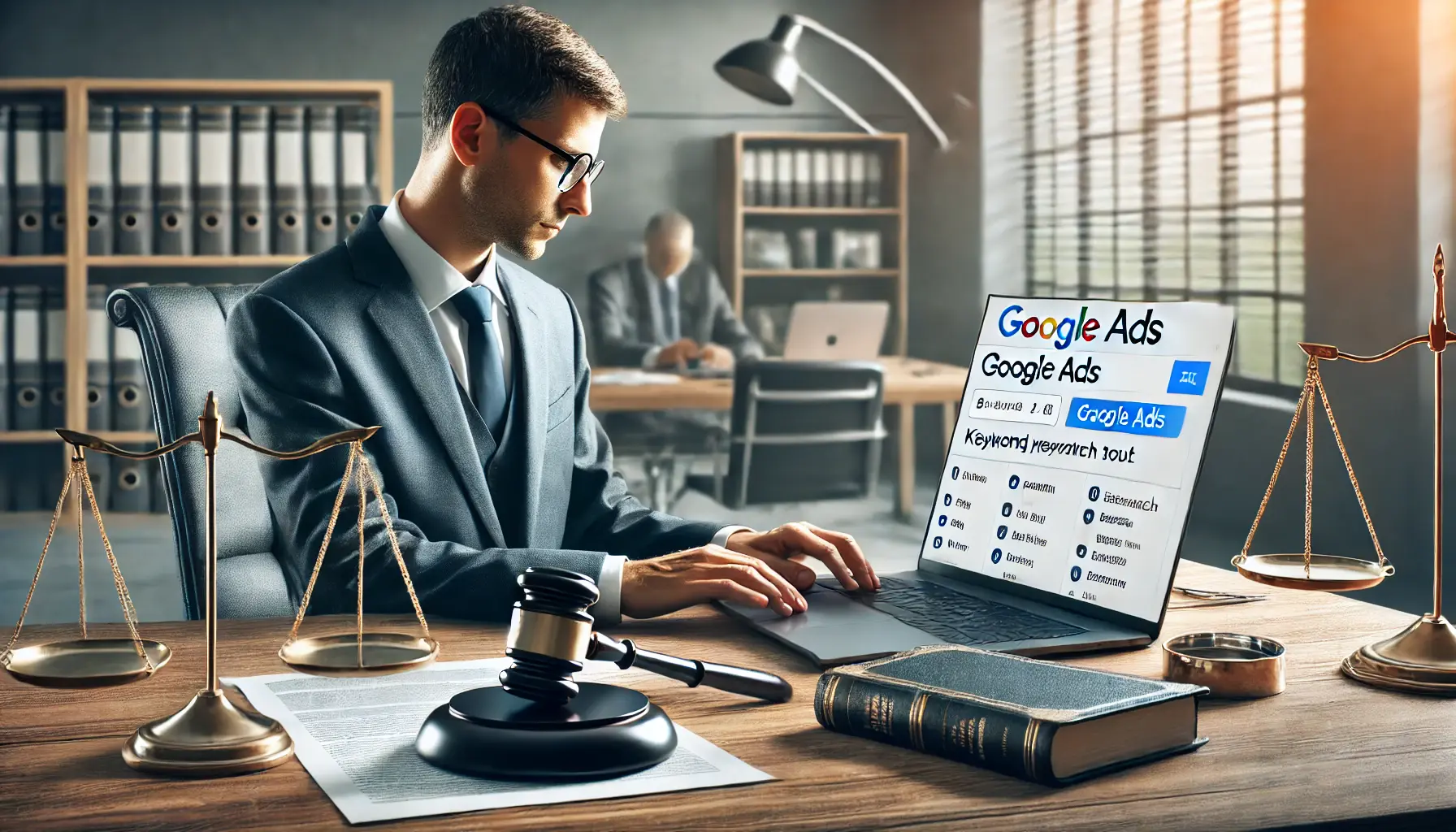 Illustration of a lawyer setting up a Google Ads campaign on a laptop in a modern office, with legal elements like books and a gavel in the background.