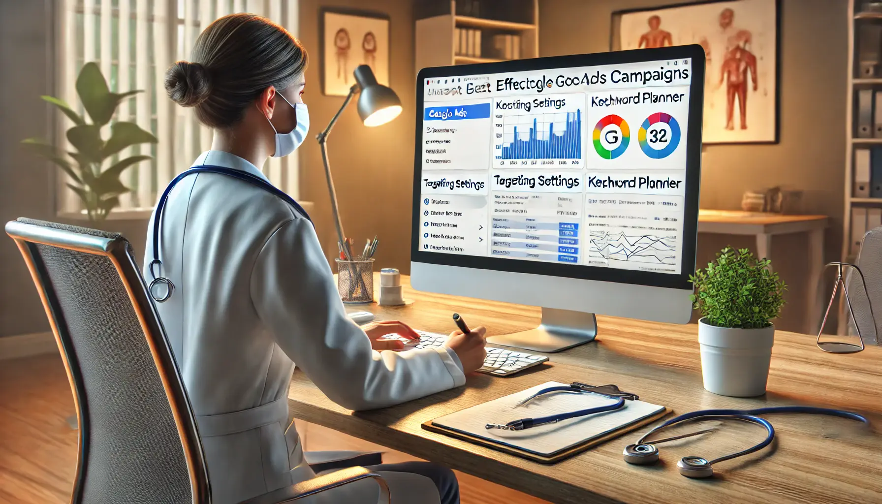 A healthcare professional setting up a Google Ads campaign on a computer, with visible targeting settings, keyword planner, and analytics, accompanied by medical elements.