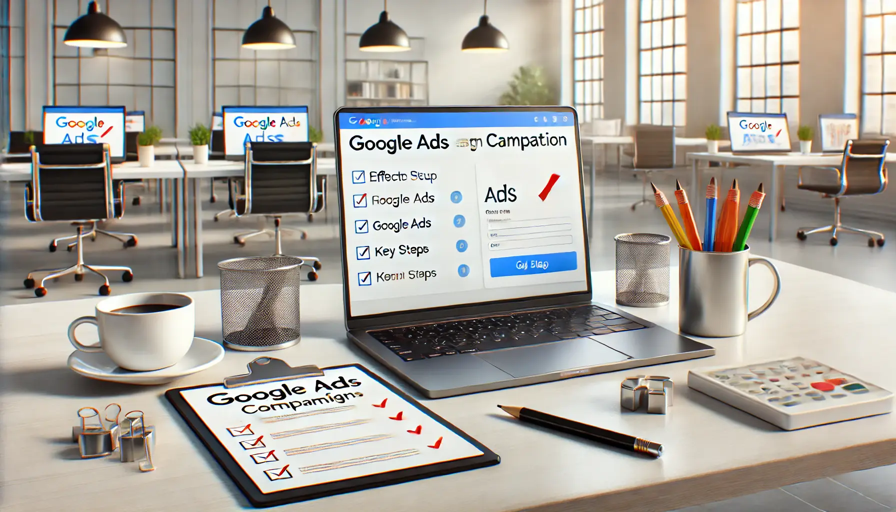 A modern workspace showing a laptop displaying the Google Ads campaign creation screen, with a checklist, pencil, and coffee cup nearby.