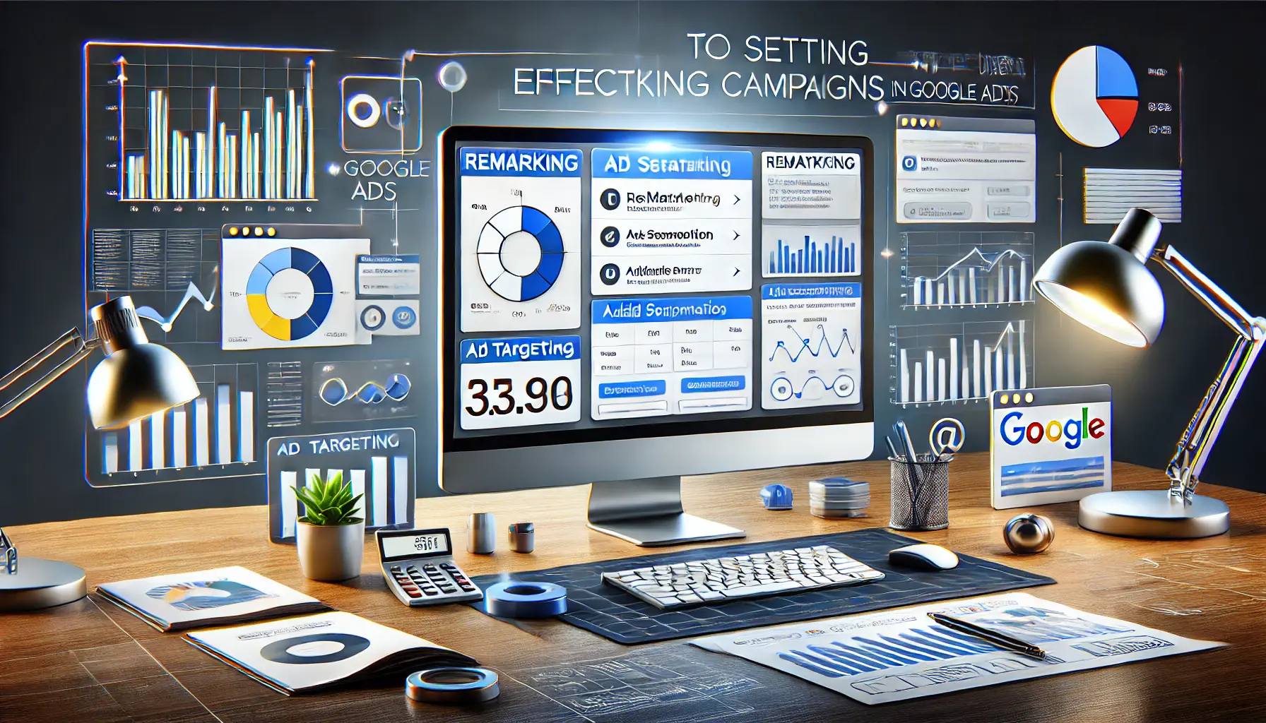 A professional digital marketing workspace with a computer screen showing the campaign setup interface for remarketing, featuring audience segmentation and campaign performance charts.