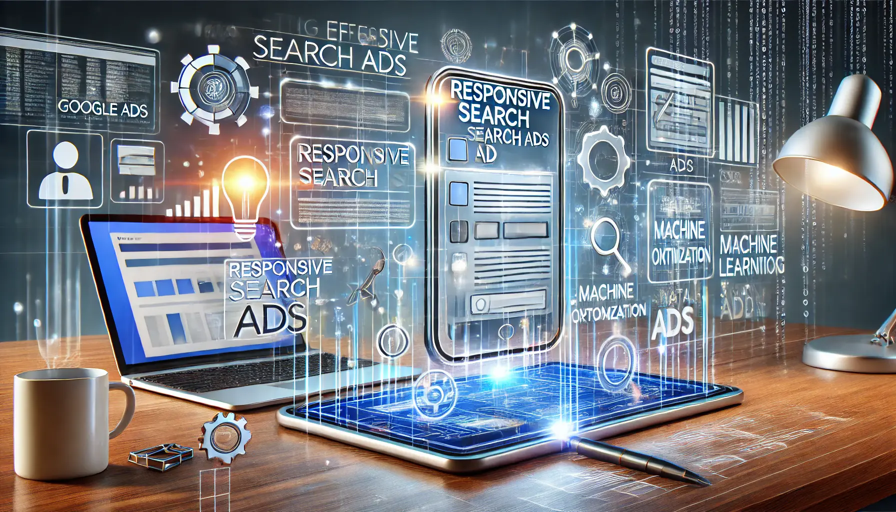 Conceptual image of setting up responsive search ads with a user-friendly interface and machine learning elements.