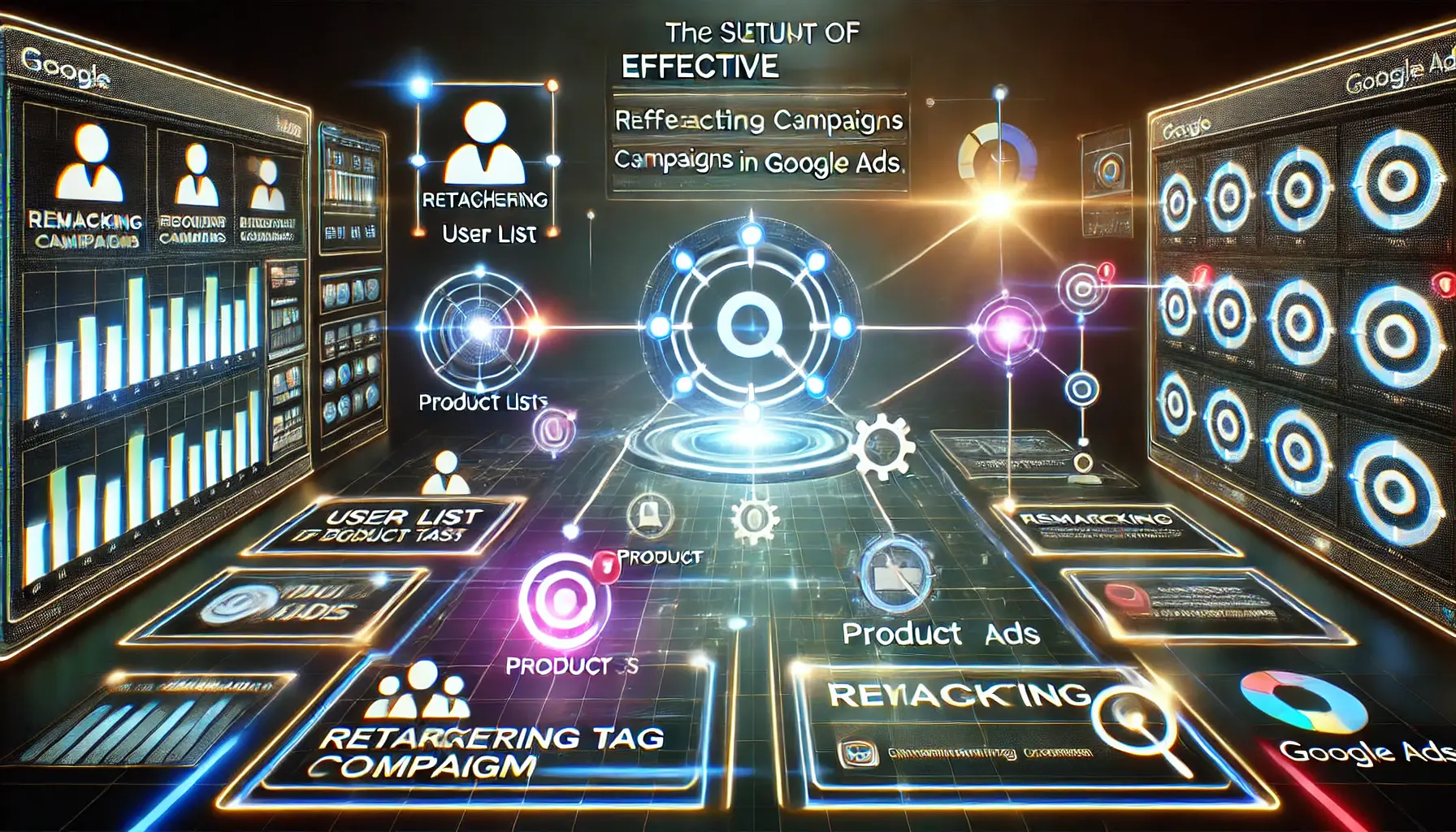 Digital dashboard illustrating retargeting setup with user lists, product icons, and ad placements.