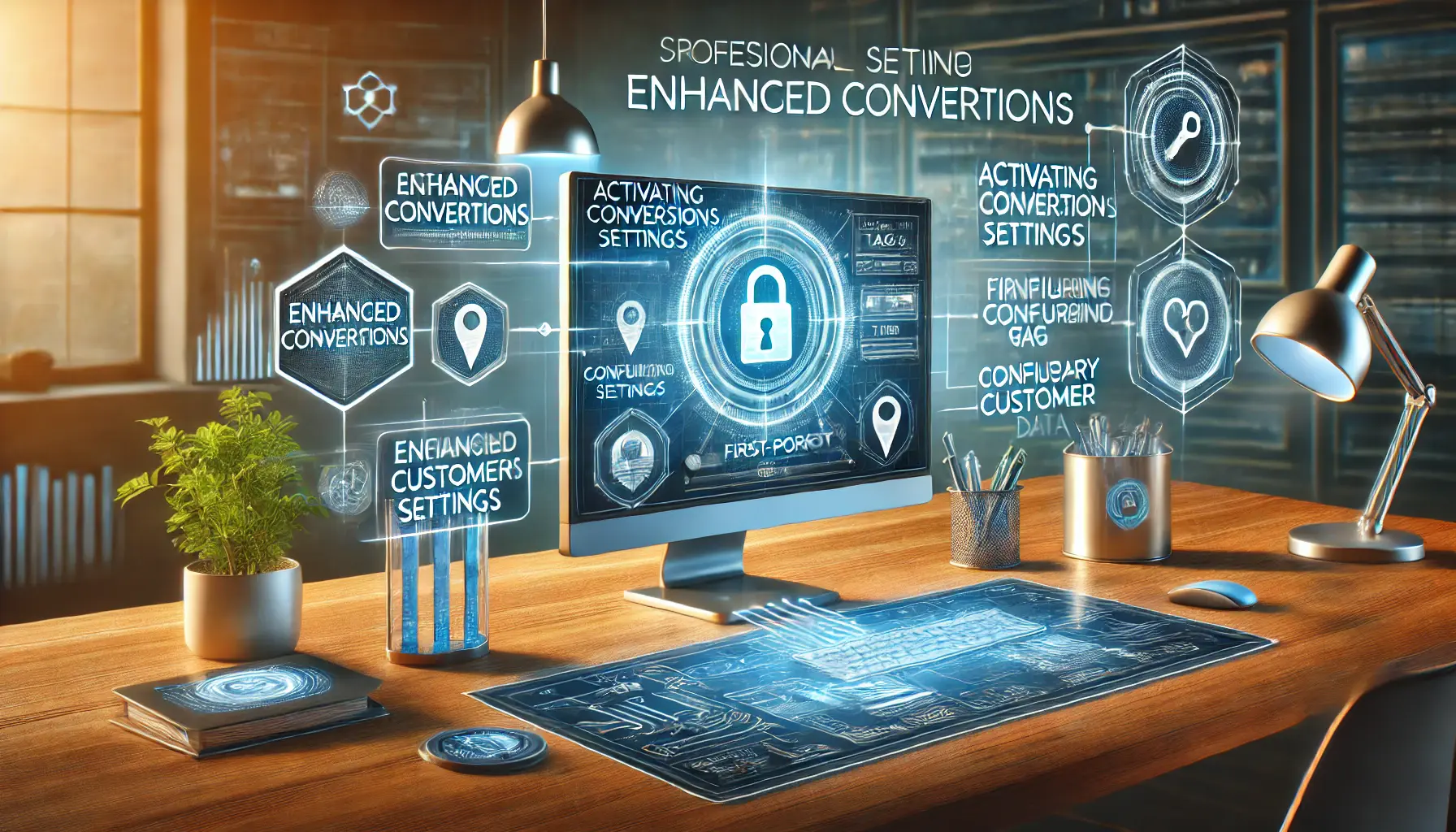 An image showing a high-tech workspace with a computer screen displaying the process of setting up enhanced conversions, emphasizing security and privacy.