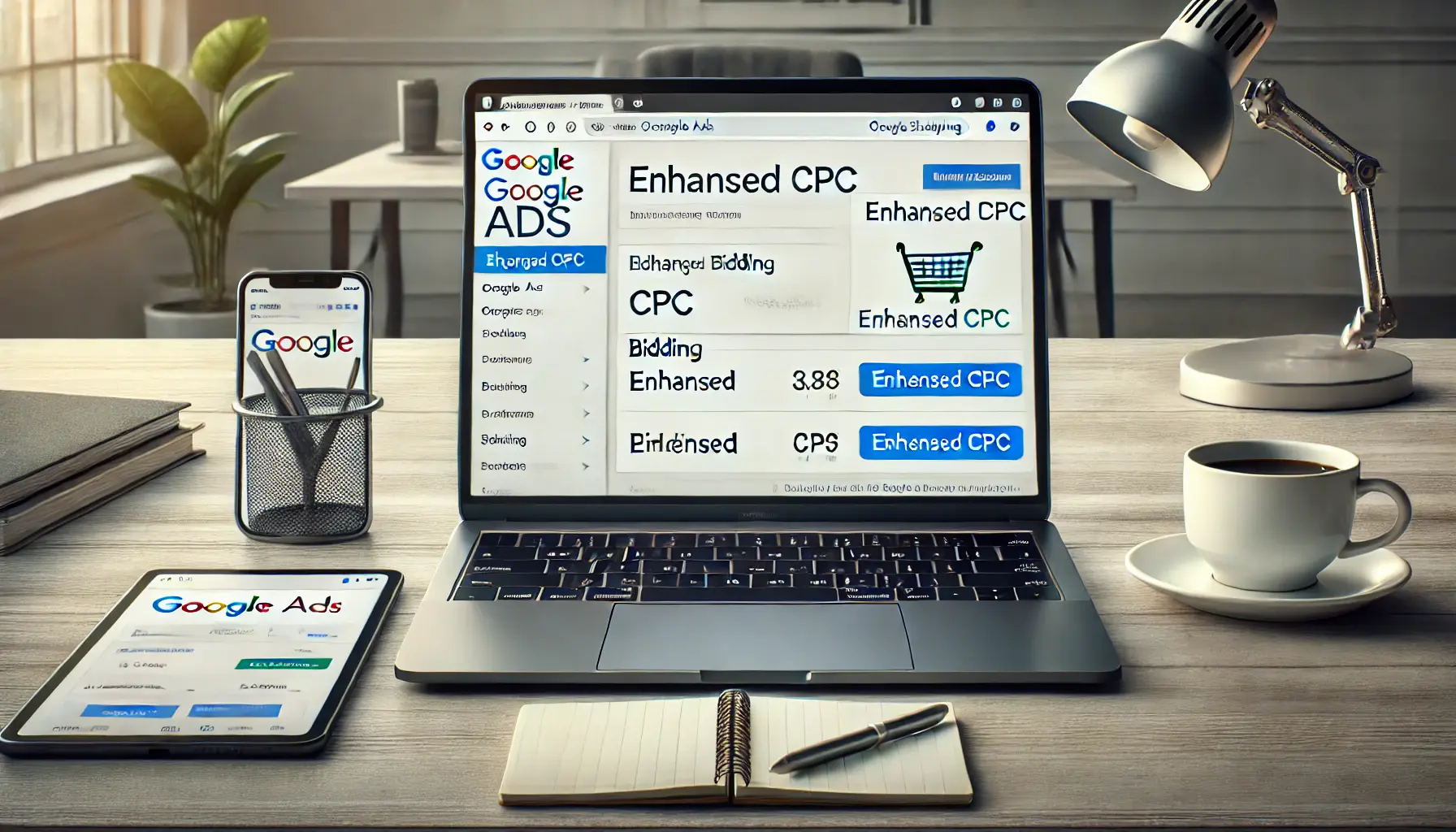 A digital marketing workspace with a laptop showing the Google Ads interface for setting up Enhanced CPC in a shopping campaign.