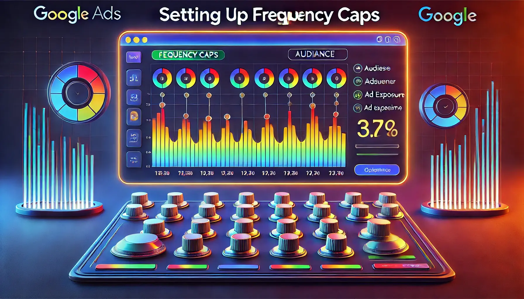 Abstract image showing a digital interface with sliders and audience metrics symbolizing setting frequency caps in Google Ads.