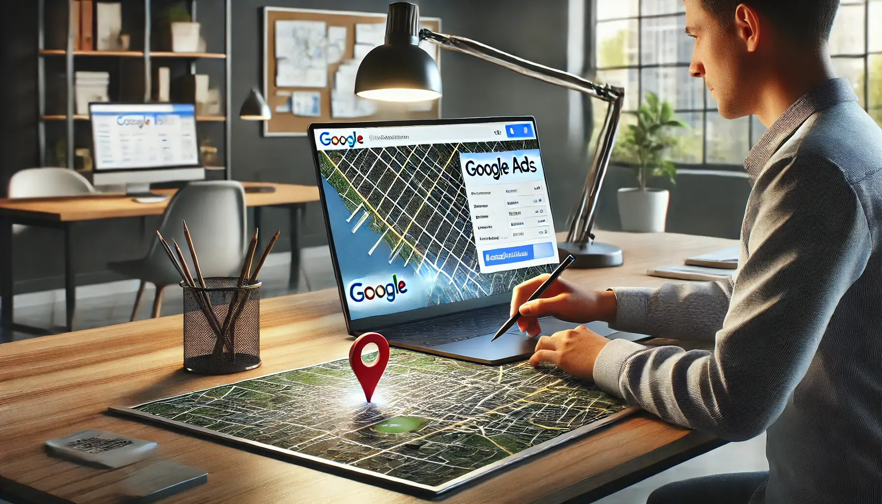 A person working on a laptop configuring Google Ads with a map interface showing targeted geographic areas.