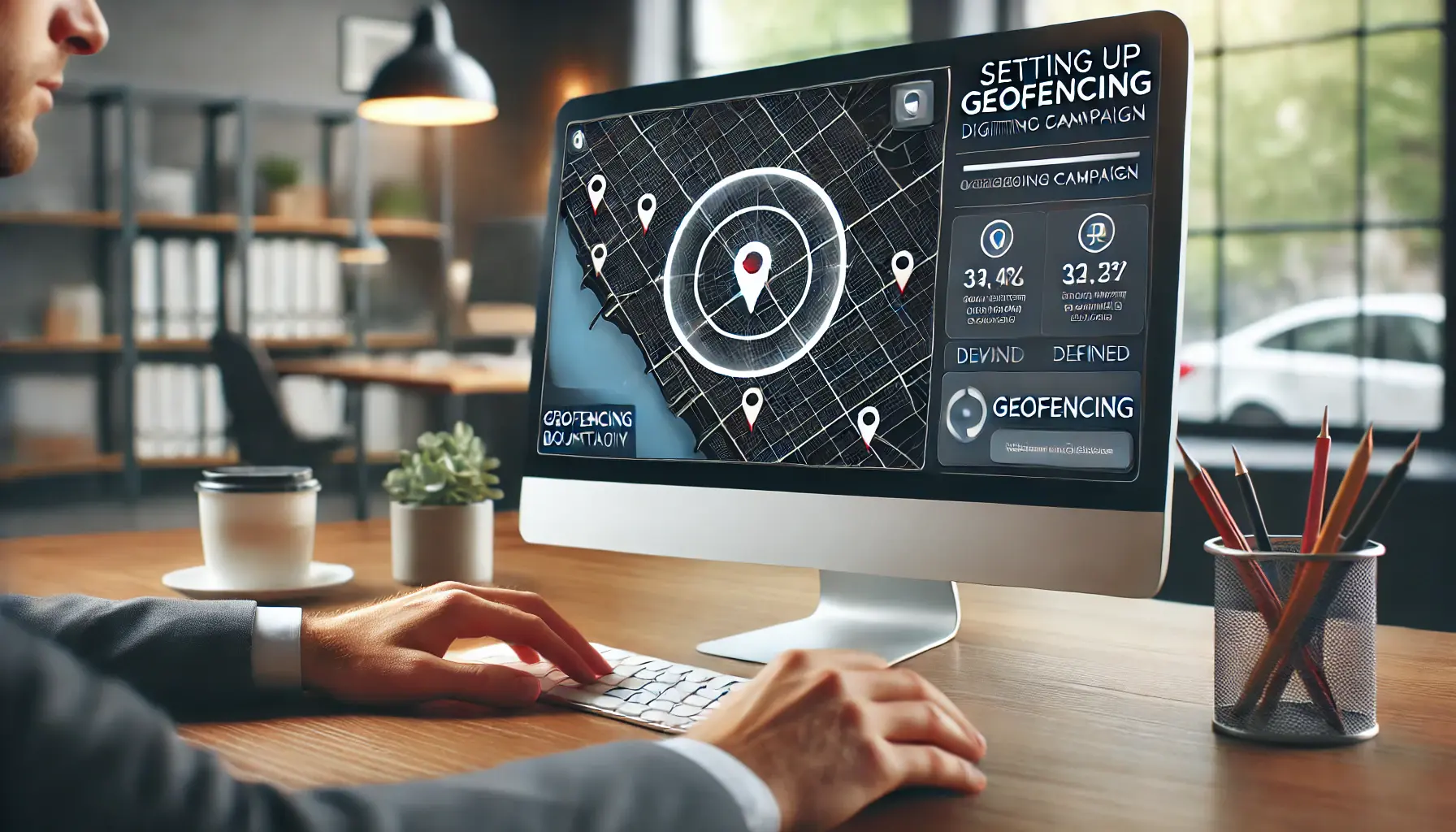 A digital marketer setting up geofencing for an advertising campaign, with a map showing a defined geofencing boundary on the computer screen.