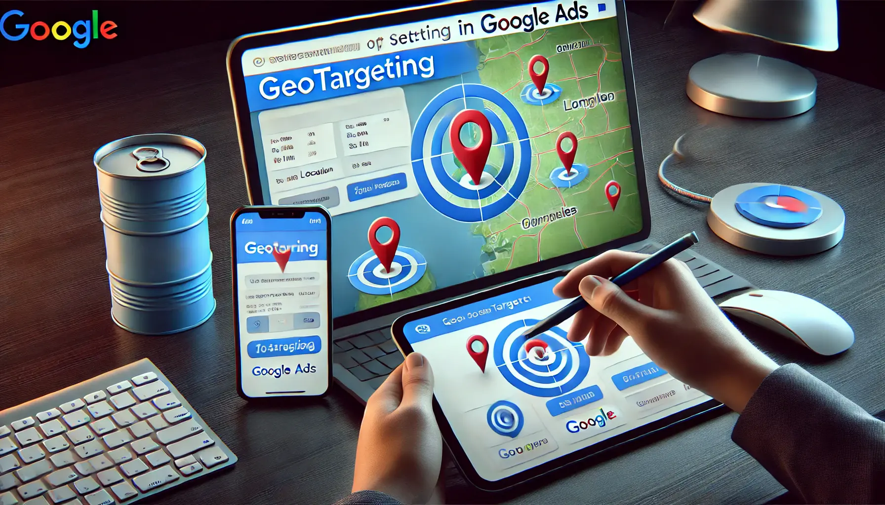 Illustration of setting up geotargeting in Google Ads, showing a map with targeted regions and user locations across devices.