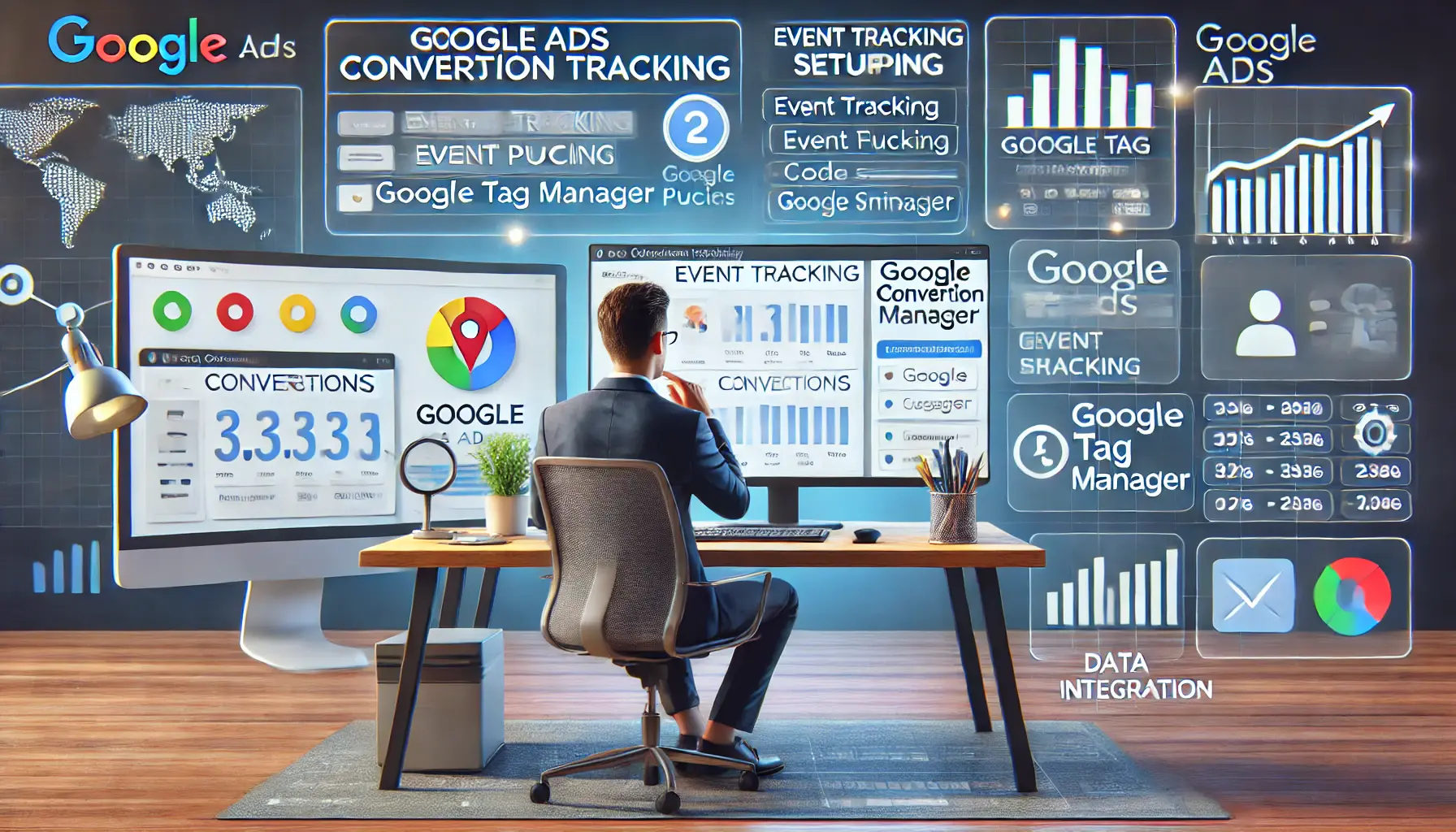 A marketer interacting with a computer screen showing the setup of Google Ads conversion tracking, including event tracking and Google Tag Manager.