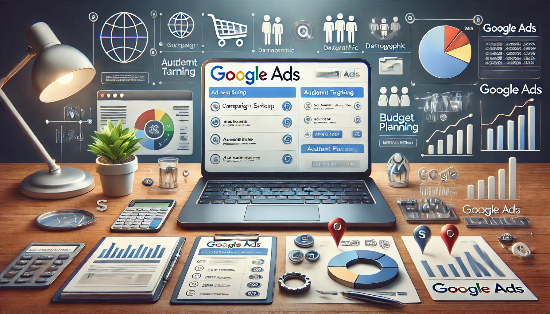 An image showing a Google Ads dashboard setup process with campaign and audience targeting options, surrounded by digital workspace elements.