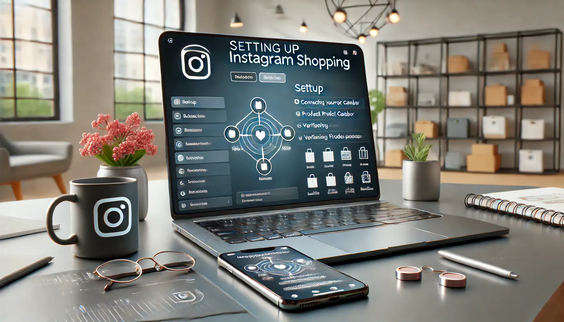 A laptop screen displaying the Instagram business dashboard with a product catalog setup process, accompanied by a smartphone showing the Instagram app.