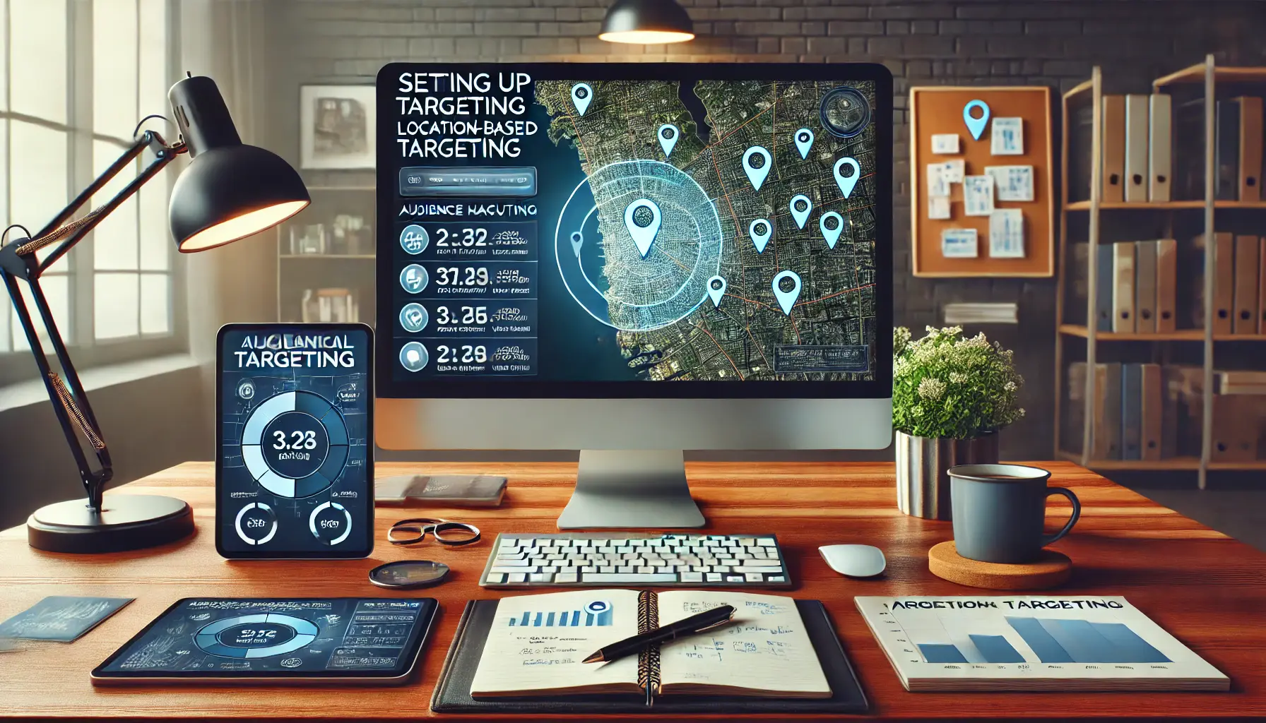 An image showcasing a digital map on a screen with targeted areas, surrounded by analytics tools and a professional desk setup.