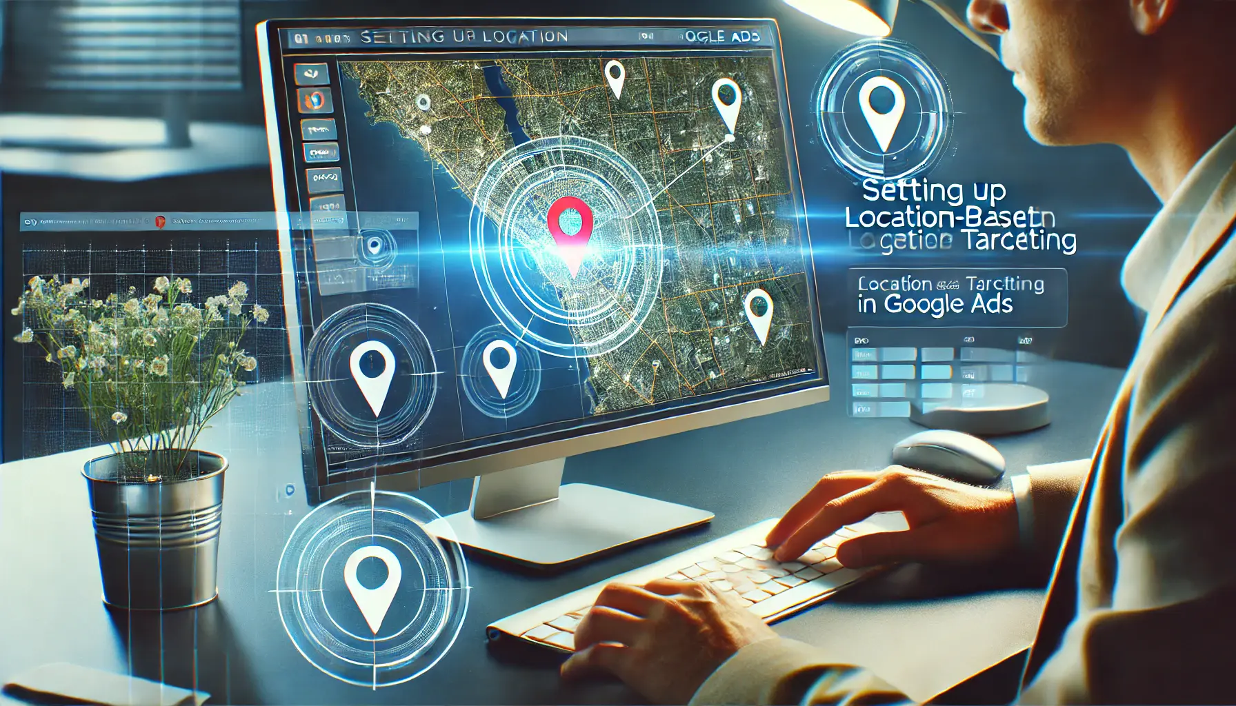 A professional working on a computer displaying a digital map with location pins and geo-targeting tools.