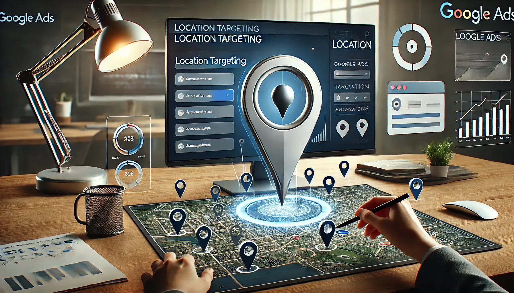 A Google Ads interface displayed on a computer screen with a map showing targeted zones and campaign settings, surrounded by icons like location pins and analytics.