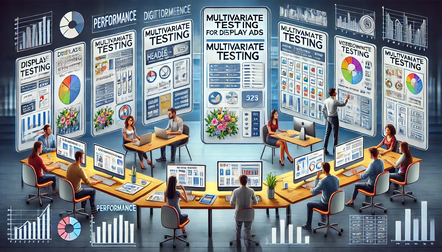 A digital marketing team in a modern office working with multiple screens to set up multivariate testing for display ads.