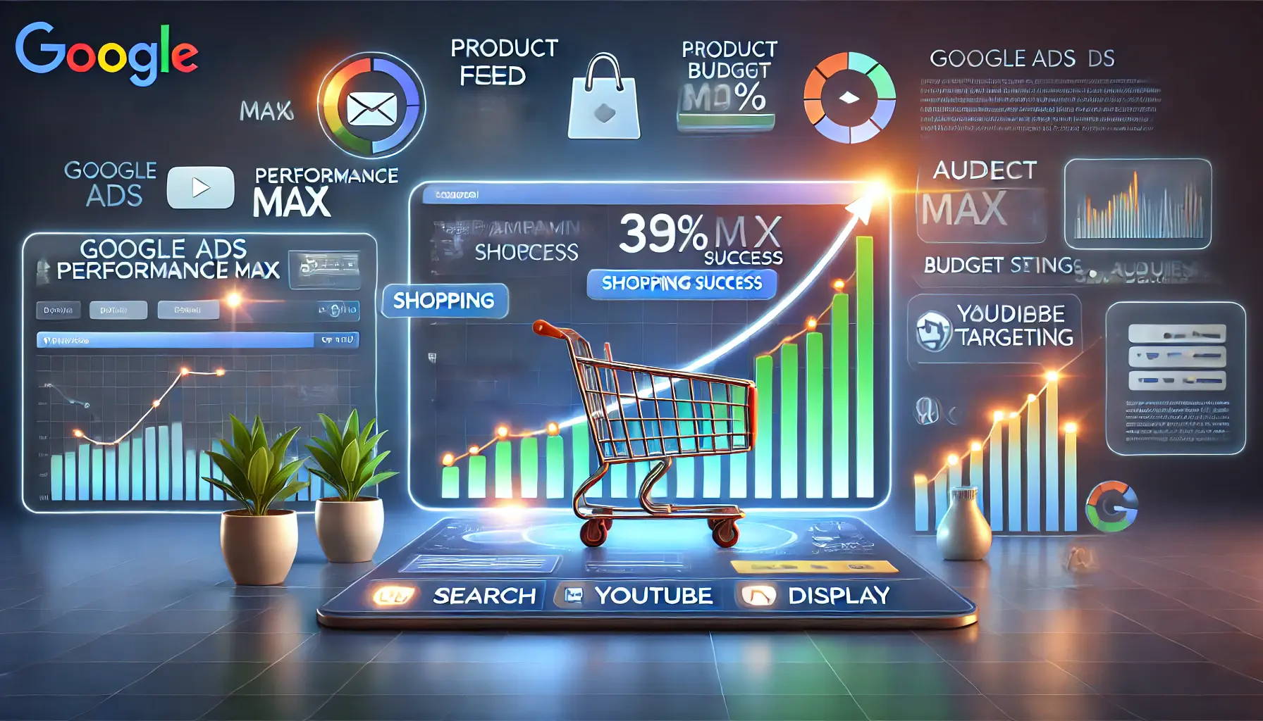 A detailed visualization of configuring Google Ads Performance Max campaigns with a dashboard, product feeds, and upward graph lines symbolizing shopping success.