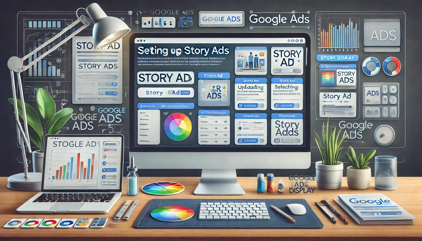 A digital marketing workspace with a large screen displaying the Google Ads campaign setup interface, showing story ad elements being configured.