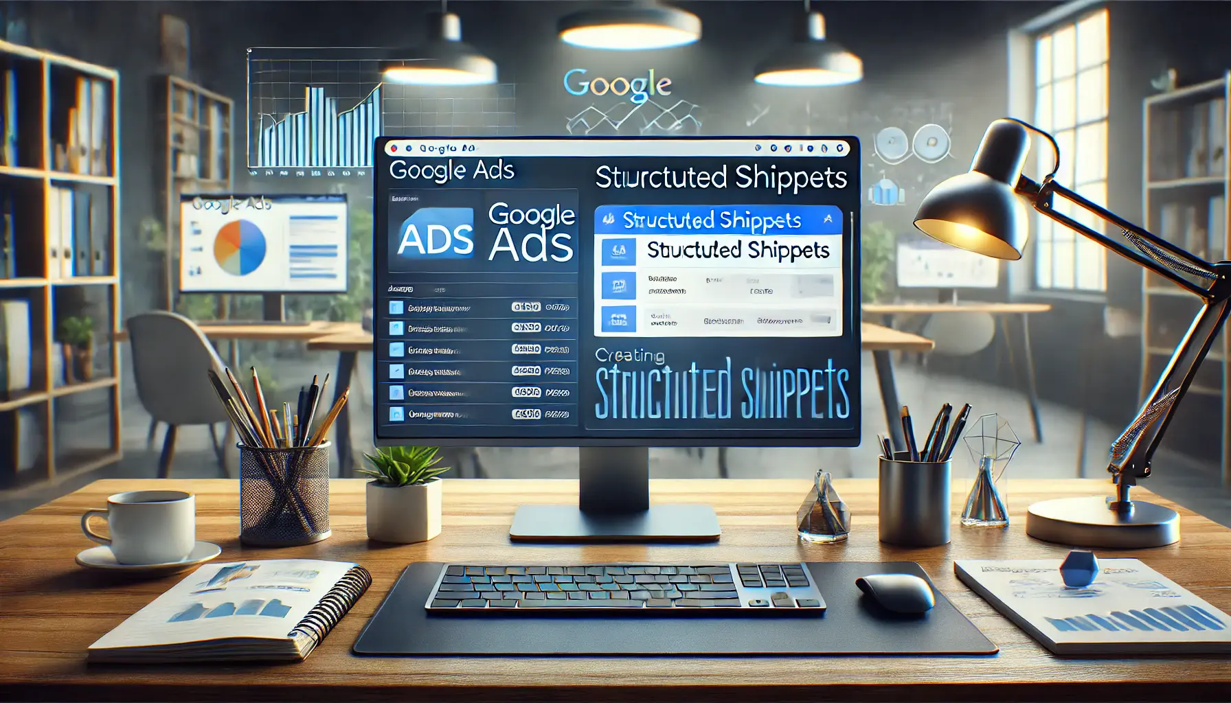 A Google Ads dashboard interface with the 'Assets' section open, focusing on structured snippets, surrounded by digital marketing tools and charts.