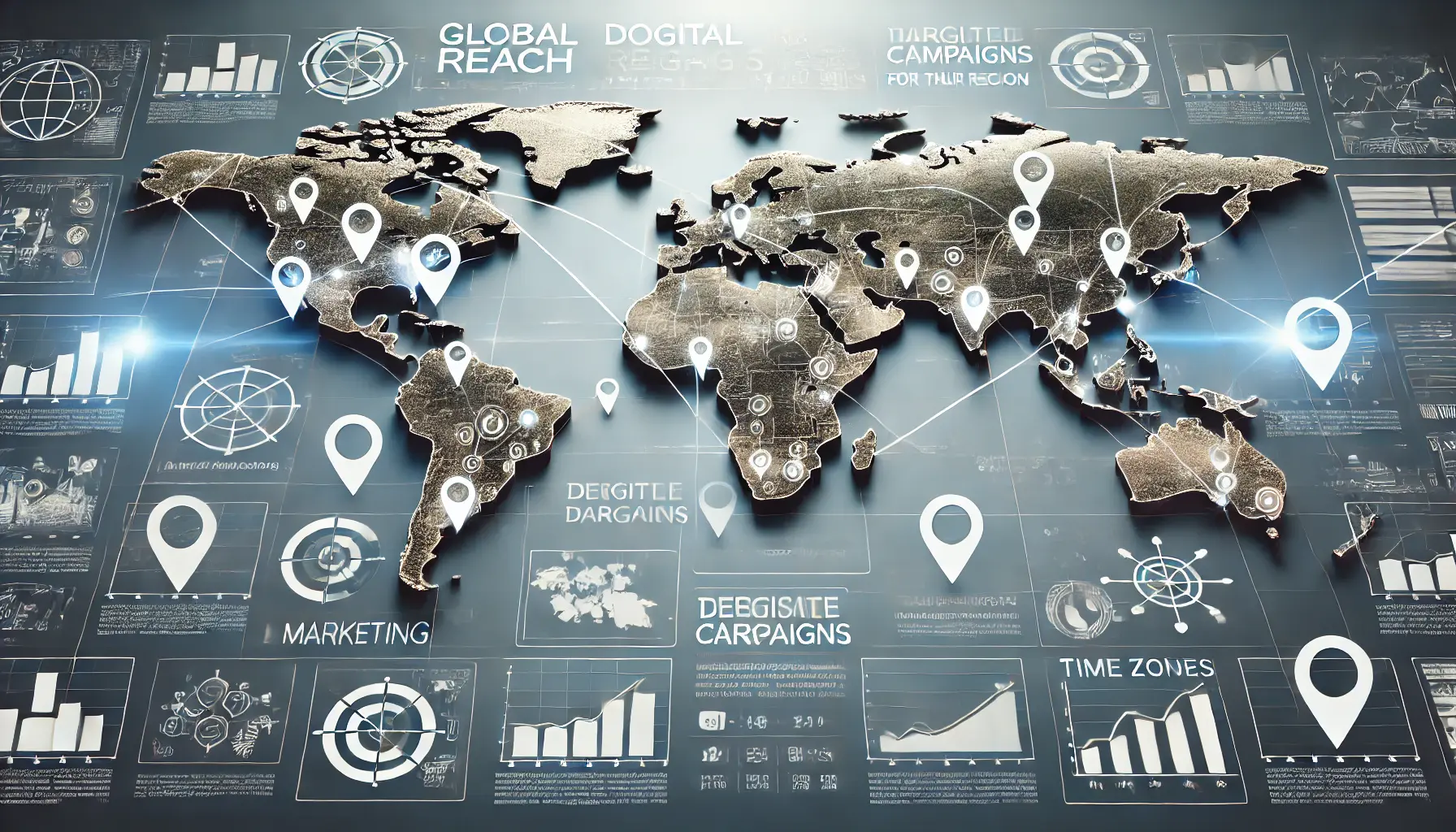 A digital concept showing a global map with pinpointed locations in different countries, representing tailored ad campaigns and targeting across various markets.