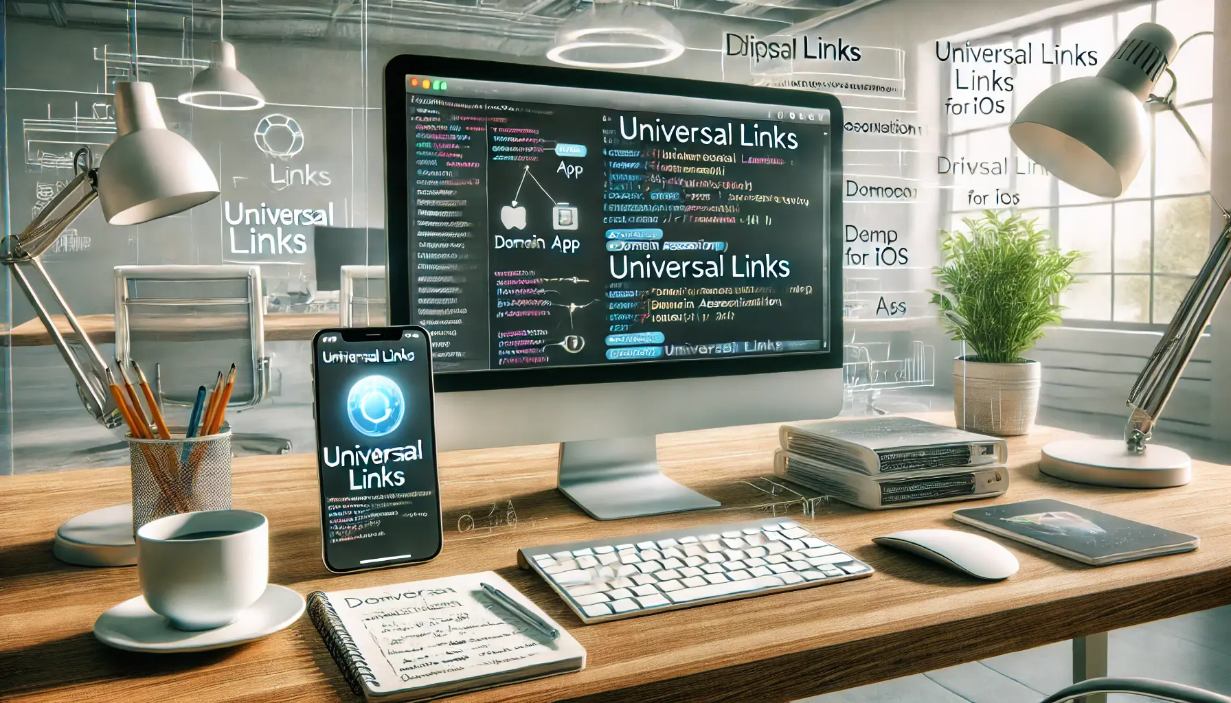 A workspace with a computer displaying the setup of Universal Links for iOS, including code snippets for app configuration and domain association.