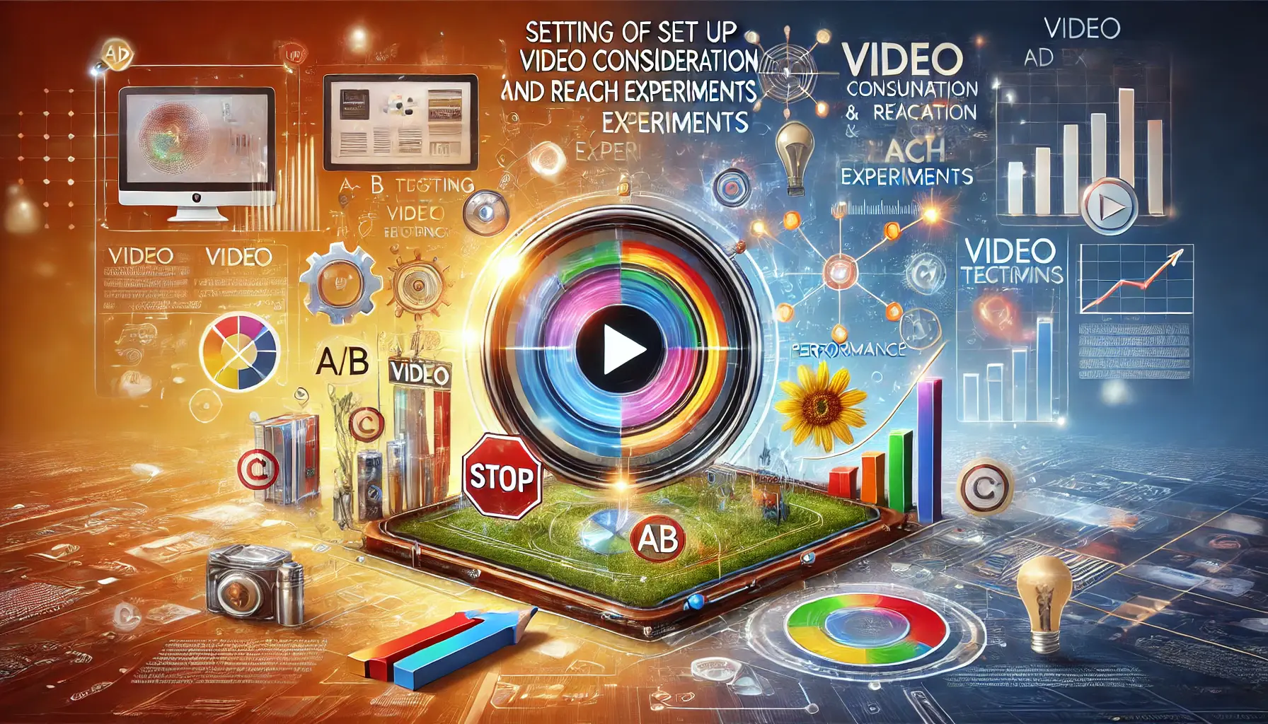 Abstract representation of setting up video consideration and reach experiments, featuring video content and performance metrics.