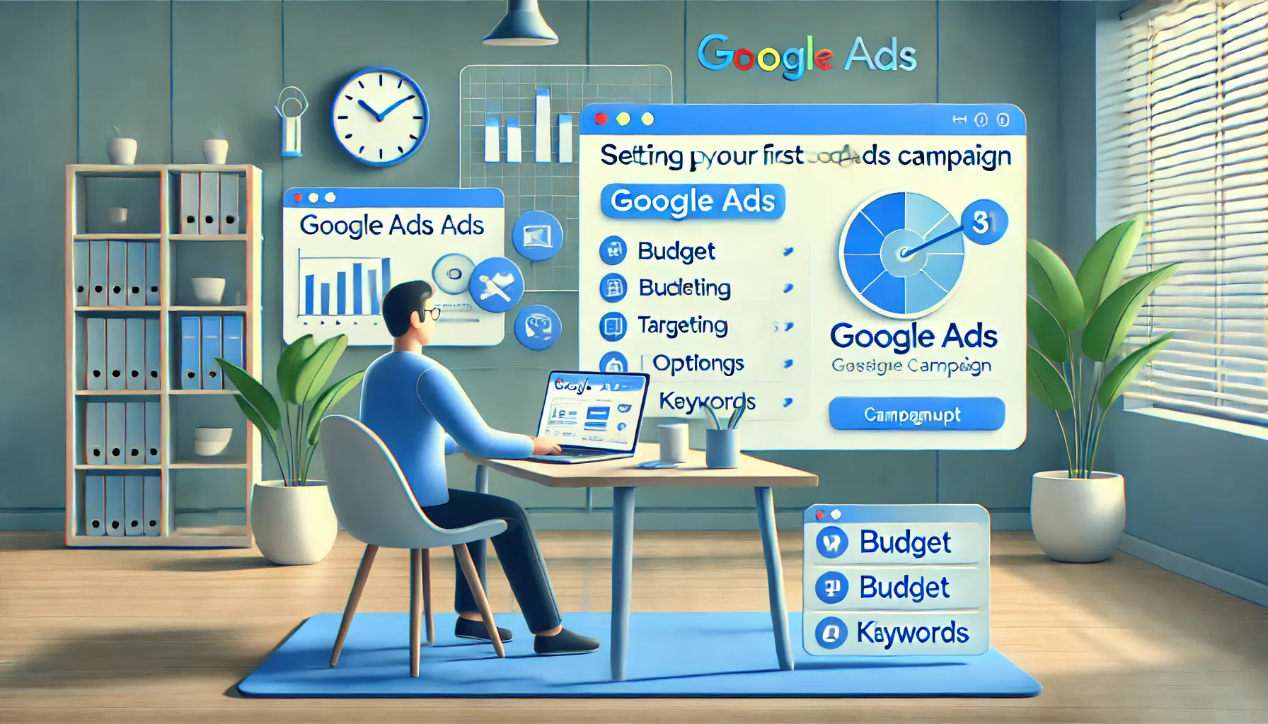 A digital workspace showing a user setting up their first Google Ads campaign with a laptop displaying campaign settings like budget and targeting options.