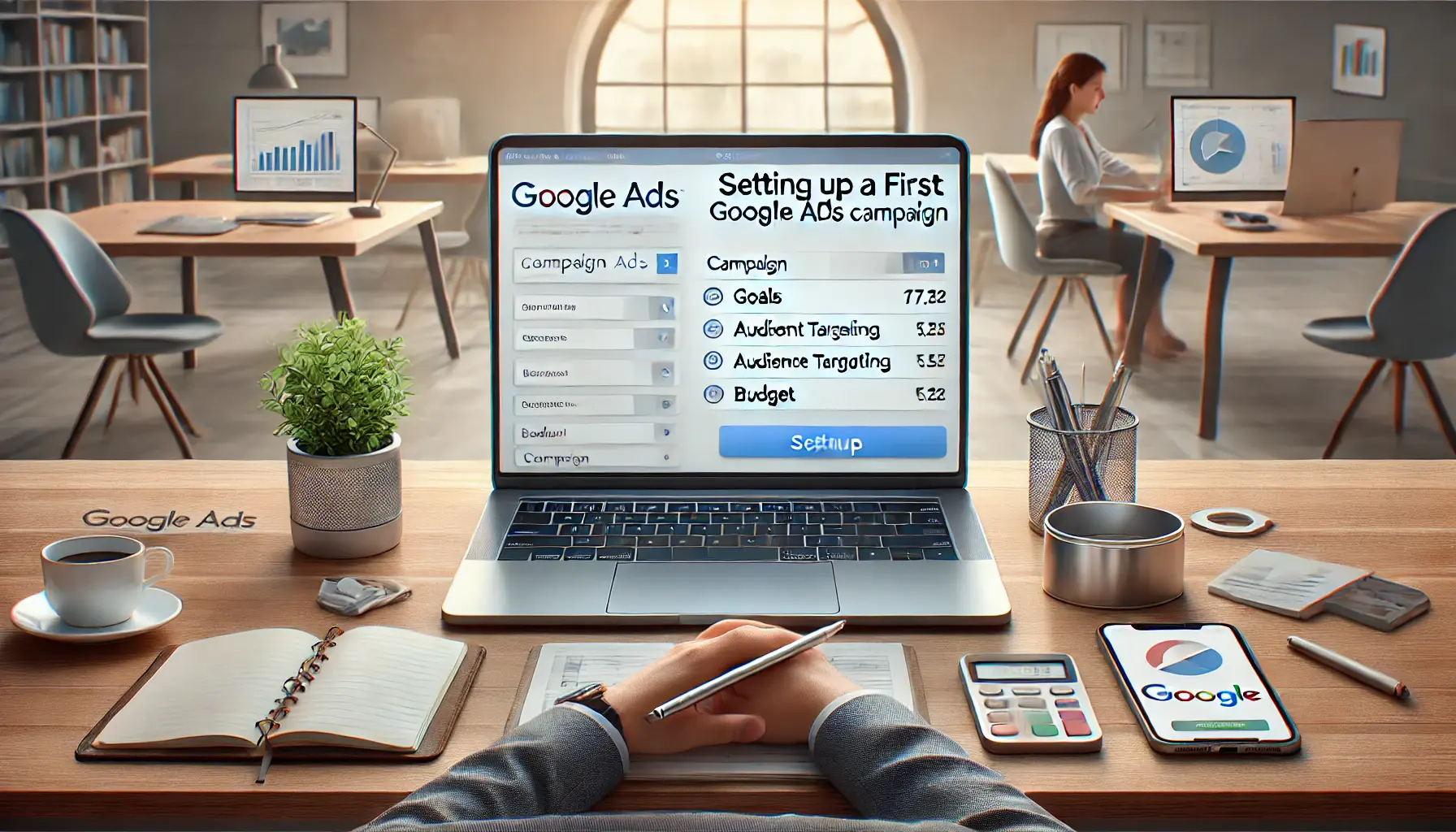 A digital marketer working on a laptop displaying the Google Ads setup interface, with tools like a notebook and smartphone on the desk in a modern workspace.