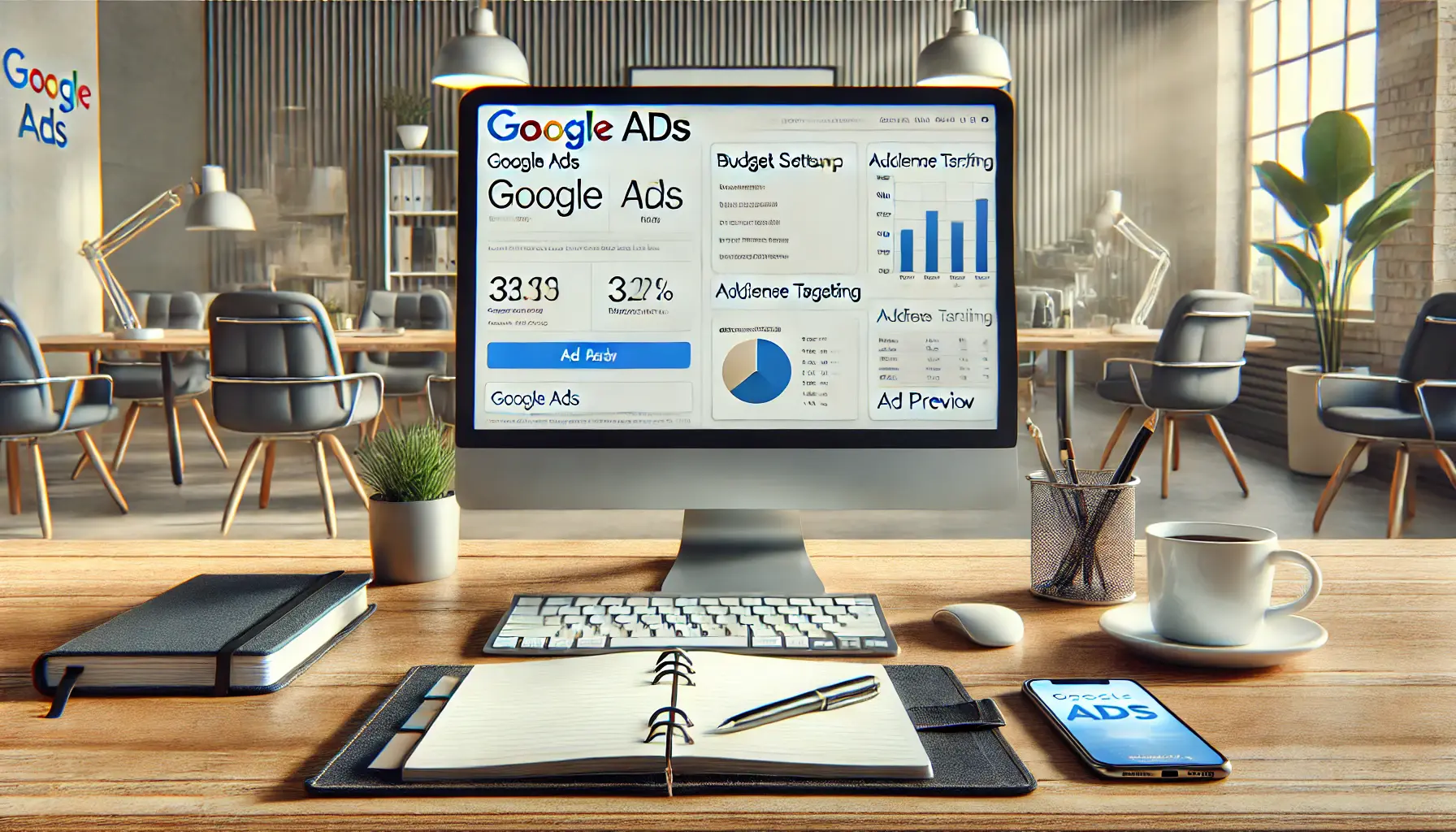 A professional workspace showing a computer with the Google Ads interface open, including budget setup, audience targeting, and ad preview. The desk features a notebook, smartphone, and coffee cup, set in a bright, modern office environment.