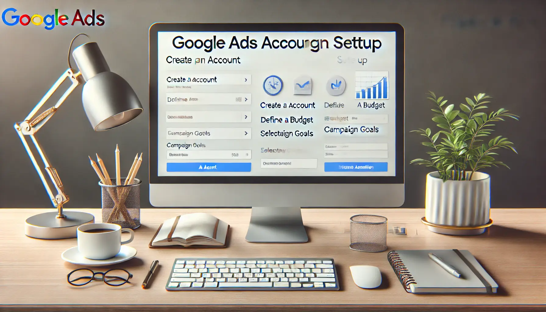 A modern workspace with a computer screen showing the Google Ads setup process, including campaign goals, budget, and business information.