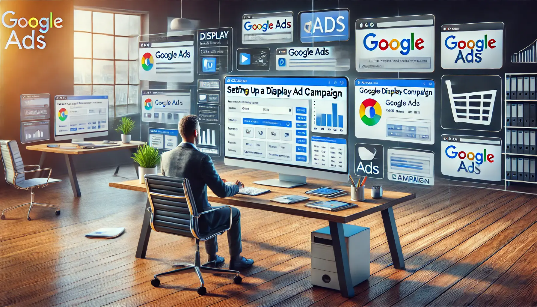 An image depicting a professional setting up a Google Display Ad campaign on a computer, with the Google Ads interface displayed on devices.