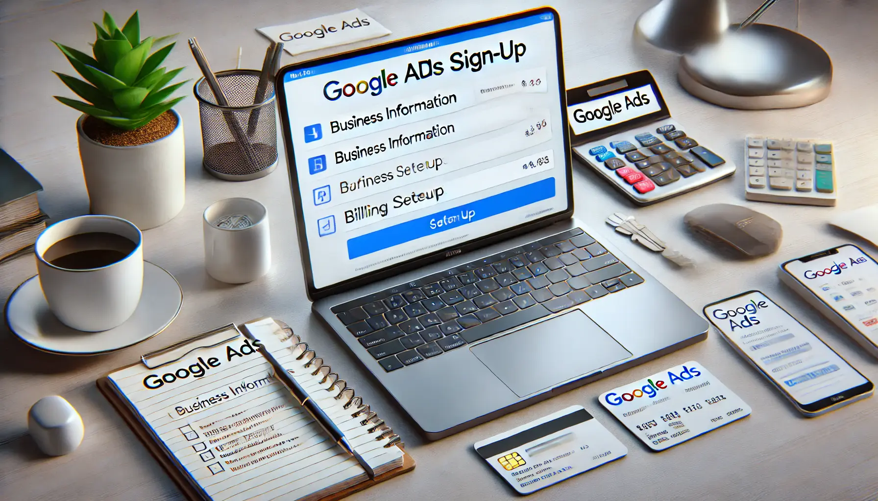 A laptop showing the Google Ads account setup process, surrounded by a credit card, a notebook, and a smartphone in a modern workspace.