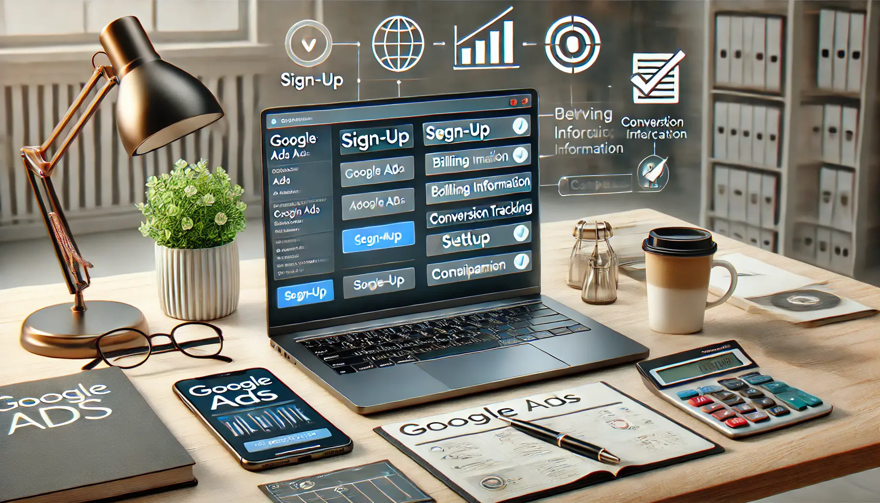 Workspace with a laptop displaying a Google Ads dashboard for setting up an account, including sign-up, billing, and conversion tracking.